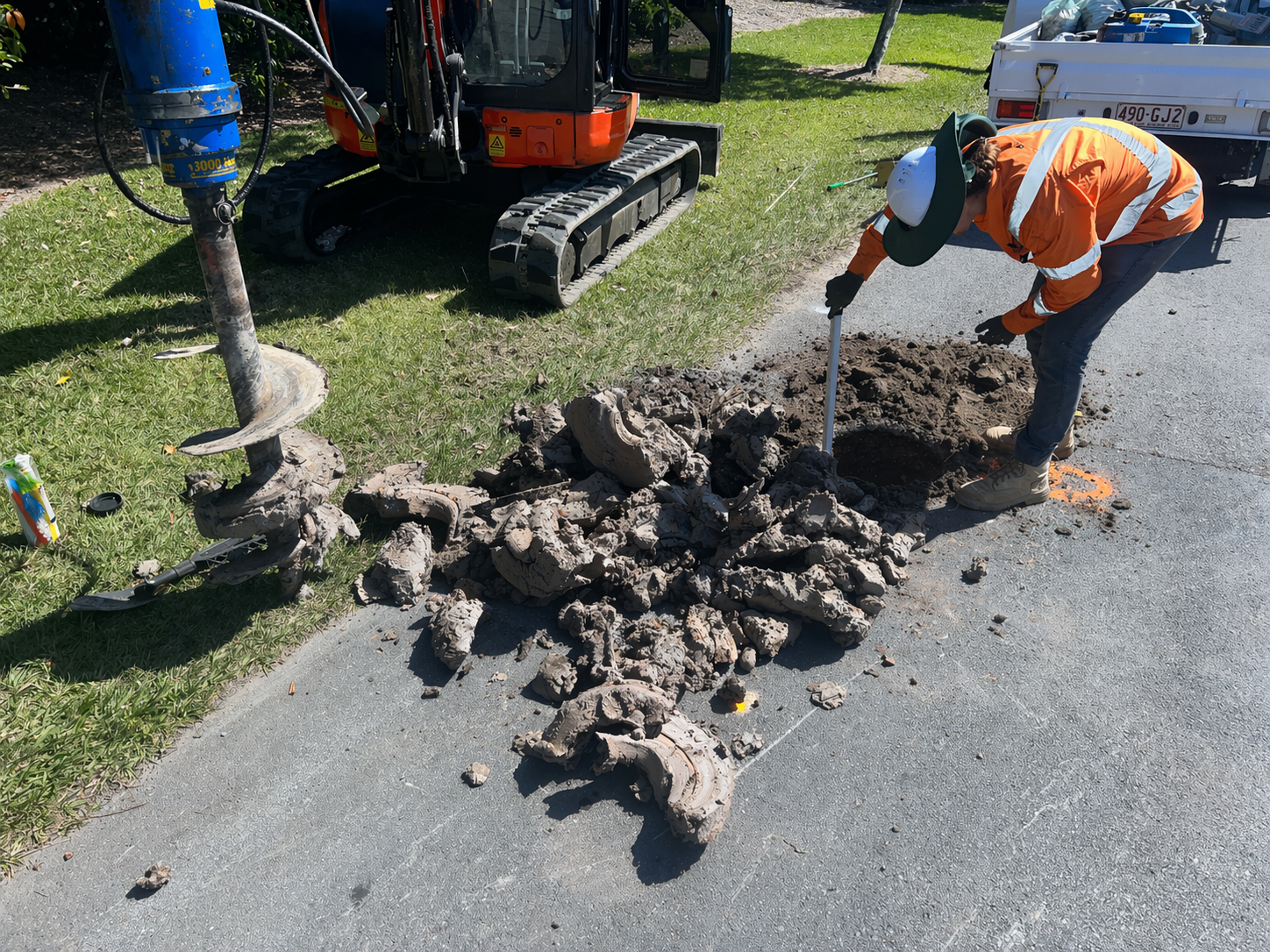 Borehole investigation, Subgrade clay extracted during drilling pavement investigation